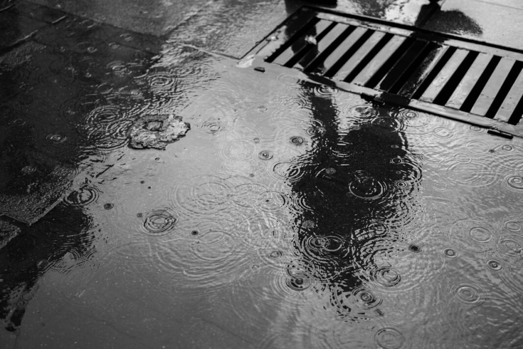 pexels-photo-38132834-38132834 Moody monochrome image of a pedestrian's reflection on a rainy street surface.